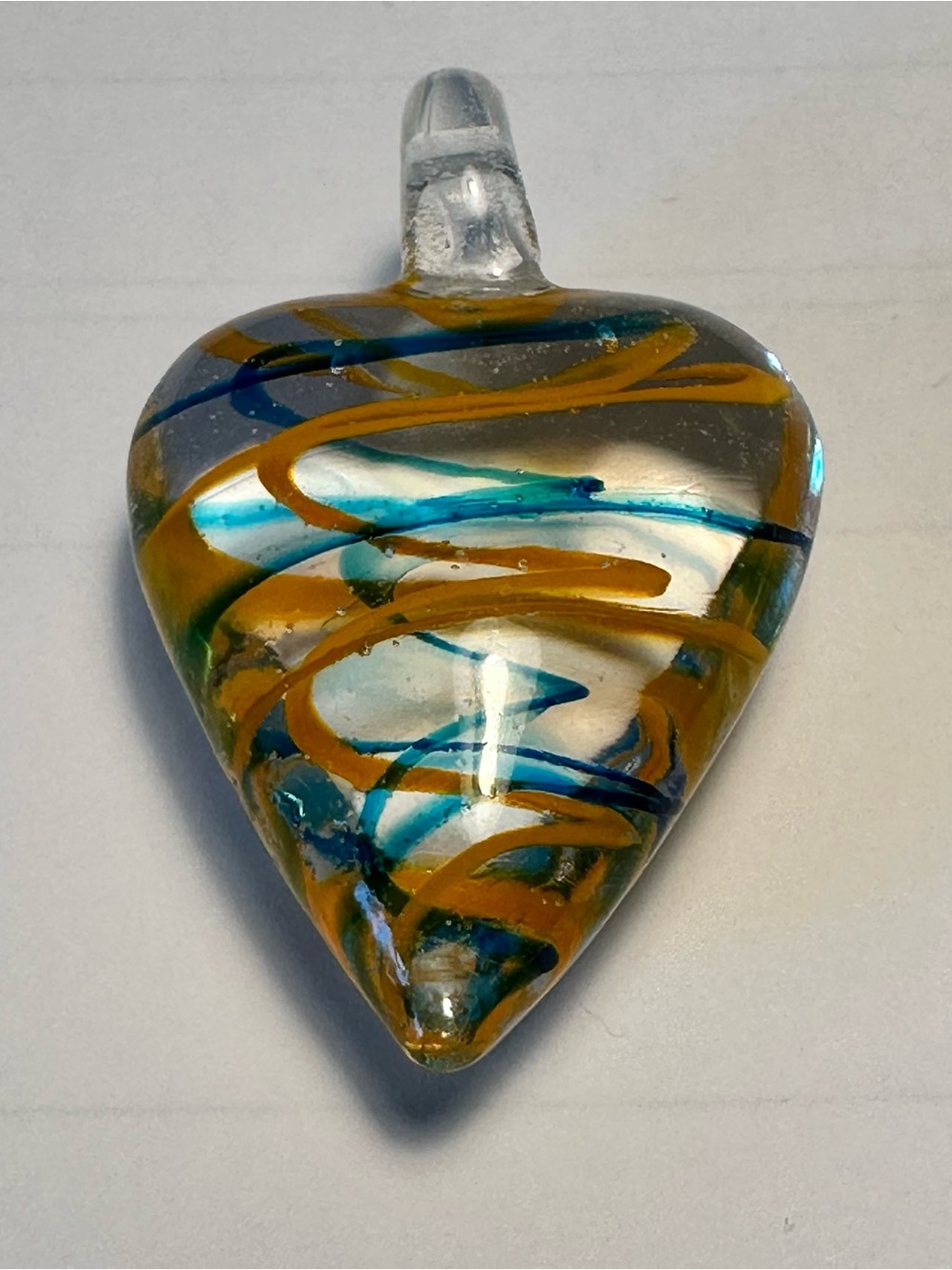 Clear Glass Heart Pendant with Blue and Gold Swirls